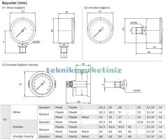 Ø63mm -1 / 0 Bar Arkadan Bağlantılı Kurutip G1/4'' Vakummetre, Vakum Göstergesi CL2,5 PAKKENS