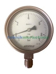 Ø100mm -1 / +9 Bar Alttan Bağlantılı 316L Komple Paslanmaz Kurutip G1/2'' ManoVakummetre CL1,0 ATERMA