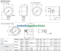 Ø63mm -1 / +1,5 Bar Alttan Bağlantılı Kurutip G1/4'' ManoVakummetre, Vakum Göstergesi CL2,5 PAKKENS