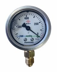 Ø50mm -760mmHg Alttan Bağlantılı Gliserinli (Sıvı Dolgulu) G1/4'' Vakummetre, Vakum Göstergesi CL2,5 PAKKENS
