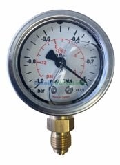Ø50mm -1 Bar Alttan Bağlantılı Gliserinli (Sıvı Dolgulu) G1/4'' Vakummetre, Vakum Göstergesi CL2,5 PAKKENS