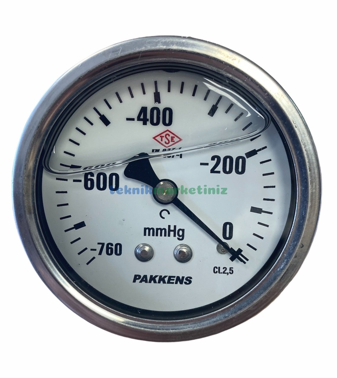 Ø63mm -760mmHg Panotip Arka Bağlantılı Gliserinli (Sıvı Dolgulu) G1/4'' Vakummetre, Vakum Göstergesi CL2,5 PAKKENS