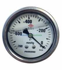 Ø63mm -760mmHg Panotip Arka Bağlantılı Gliserinli (Sıvı Dolgulu) G1/4'' Vakummetre, Vakum Göstergesi CL2,5 PAKKENS