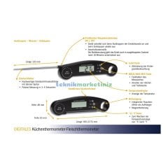 Dijital IP67 Su Geçirmez, Katlanabilir Paslanmaz Saplama Problu, Cep Tipi Termometre -50/+300 C°, Mutfak, Et, BBQ, Mangal, Gıda, Yemek Termometresi TFA Dostmann 30.1061.01 TM832.1137.01