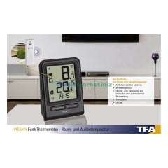 Saatli, Kablosuz Transmitterli, Telsiz, Dış Ortam ve İç Ortam Sıcaklık Ölçer Termometre TFA Dostmann ''PRISMA'' 30.3063.01 TM832.1010.01