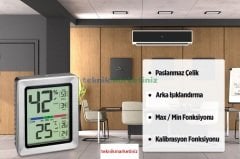Paslanmaz Çelik Çerçeveli, Dijital Sıcaklık ve Nem Ölçer ''EXACTO'' Termometre-Higrometre TFA Dostmann 30.5047.54 TM832.1046.54